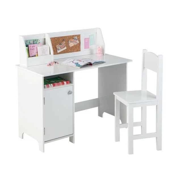 Kids Wooden Desk & Chair Set with Storage and Bulletin Board