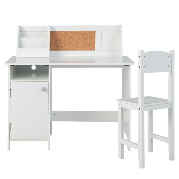 Kids Wooden Desk & Chair Set with Storage and Bulletin Board