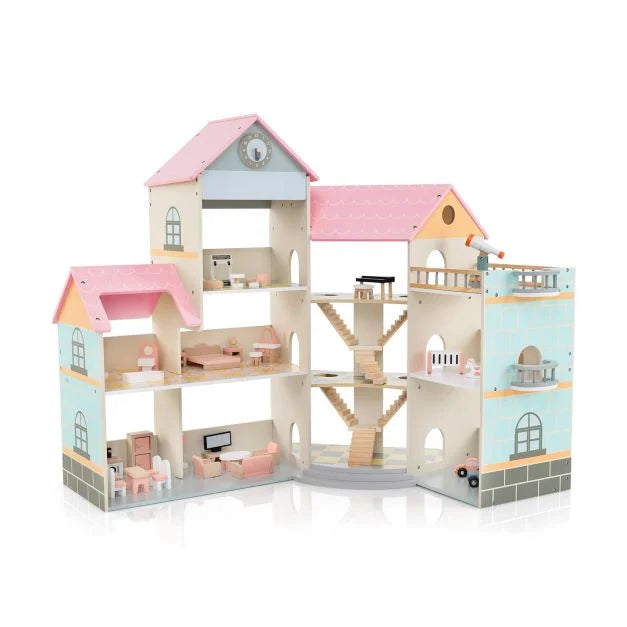 Pink Roof Wooden Corner Dollhouse Playset for Kids Ages 3 and Up