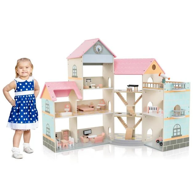 Pink Roof Wooden Corner Dollhouse Playset for Kids Ages 3 and Up