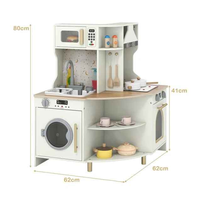 Kids Wooden Corner Kitchen Set with Faucet and Realistic Sound Effects