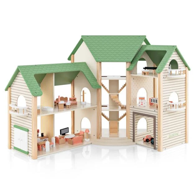 Wooden Dollhouse with 36 Accessories for Kids’ Playtime Fun