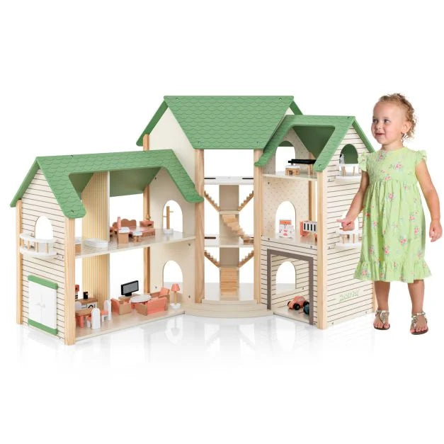 Wooden Dollhouse with 36 Accessories for Kids’ Playtime Fun