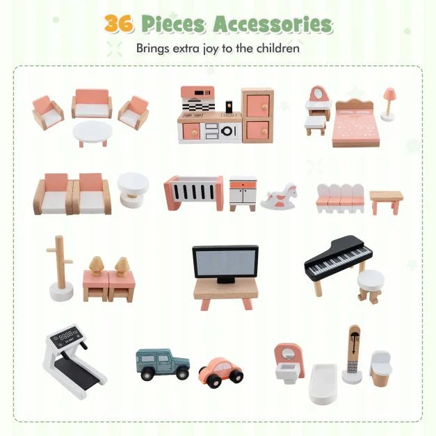 Wooden Dollhouse with 36 Accessories for Kids’ Playtime Fun