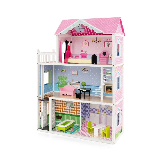 3-Story Wooden Dollhouse with Working Elevator and Spinning Staircase