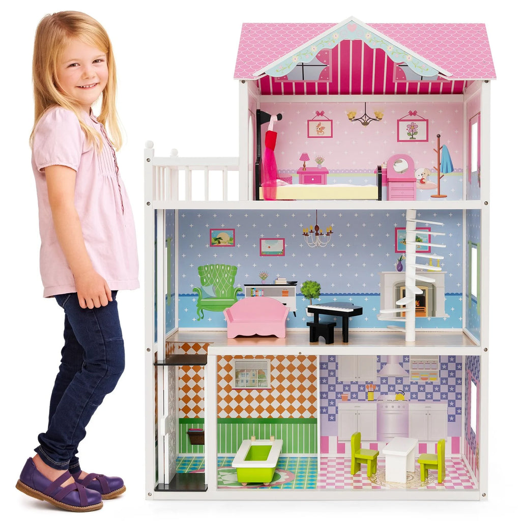 3-Story Wooden Dollhouse with Working Elevator and Spinning Staircase