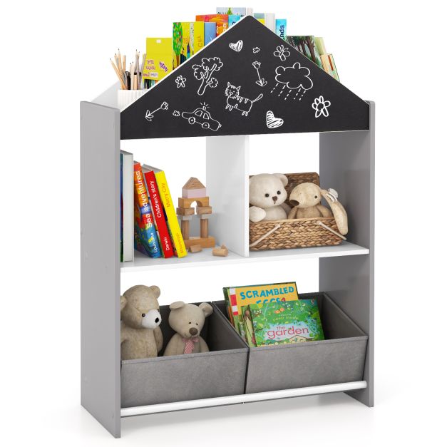 Wooden Dollhouse Toy & Book Organizer with Chalkboard – Kids Furniture