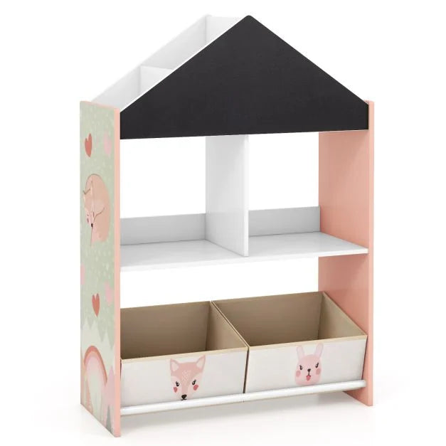 Wooden Dollhouse Toy & Book Organizer with Chalkboard – Kids Furniture