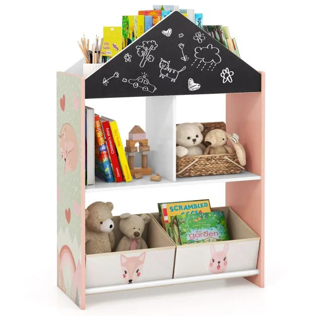 Wooden Dollhouse Toy & Book Organizer with Chalkboard – Kids Furniture