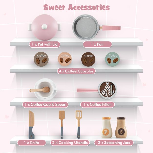 Children’s Wooden Kitchen Playset with Coffee Maker for Ages 3 and Older