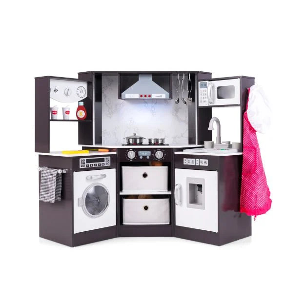 Wooden Kids Play Kitchen Corner Set with Functional Lights and Water Flow System