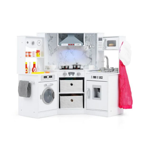 Wooden Kids Play Kitchen Corner Set with Functional Lights and Water Flow System