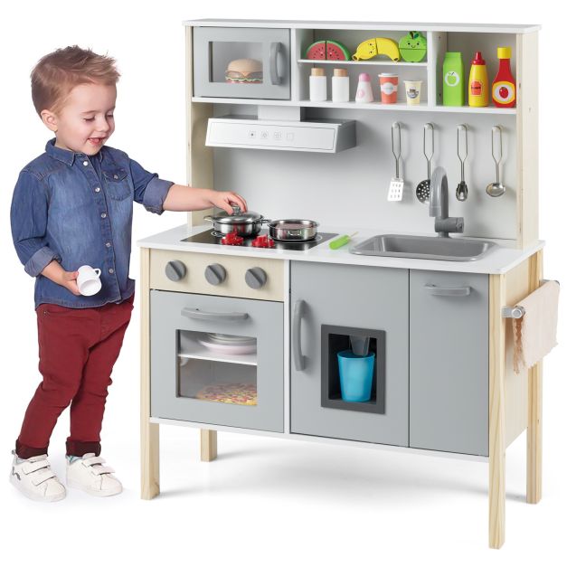 Wooden Kids Kitchen Set with Microwave, Stove Tops & Oven