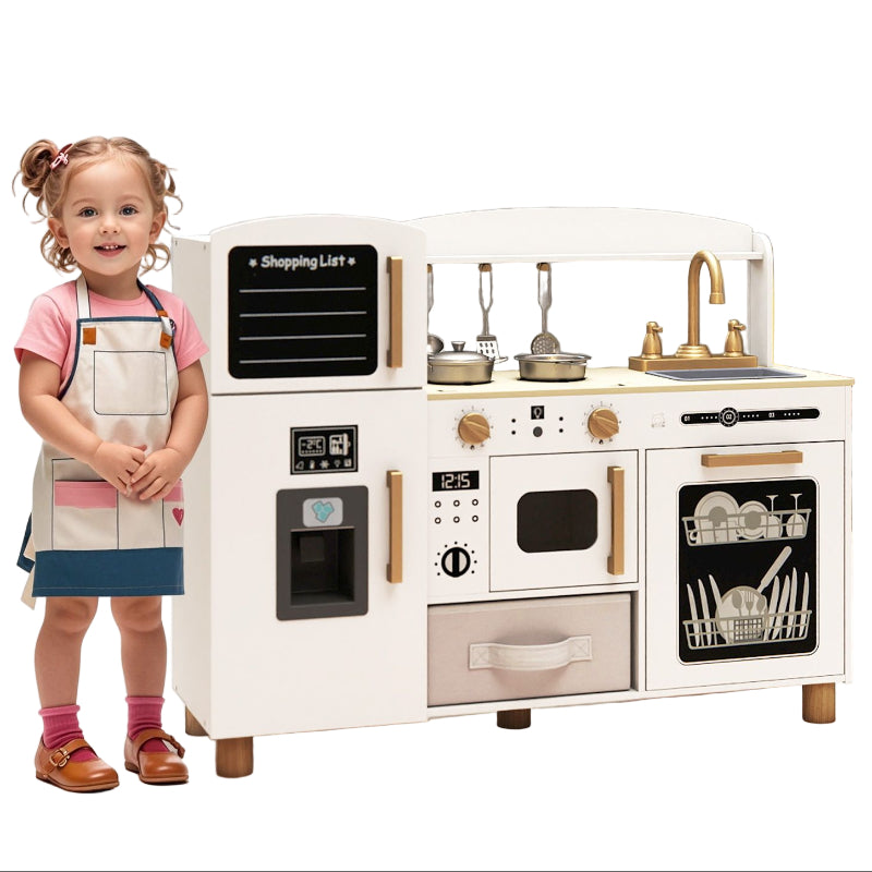 Kids Wooden Play Kitchen Set with Ice Maker and Fabric Storage Drawer