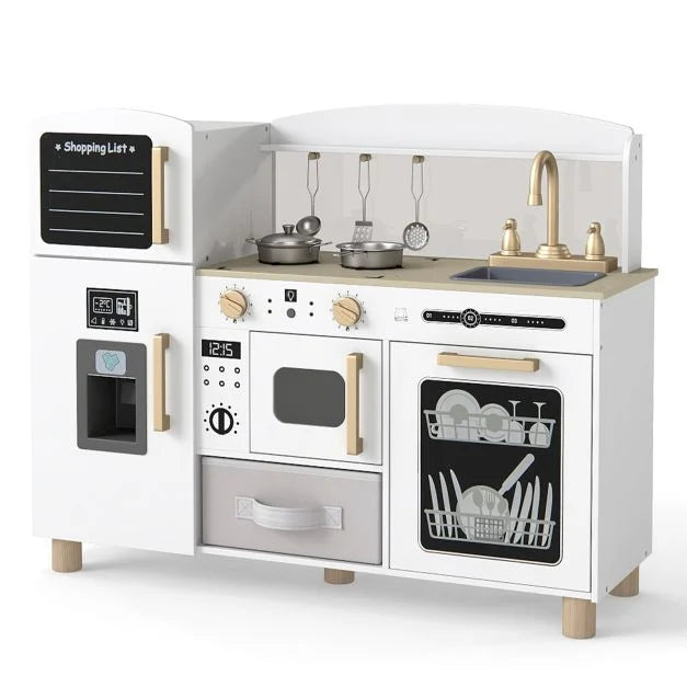 Kids Wooden Play Kitchen Set with Ice Maker and Fabric Storage Drawer