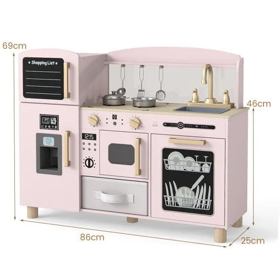 Kids Wooden Play Kitchen Set with Ice Maker and Fabric Storage Drawer