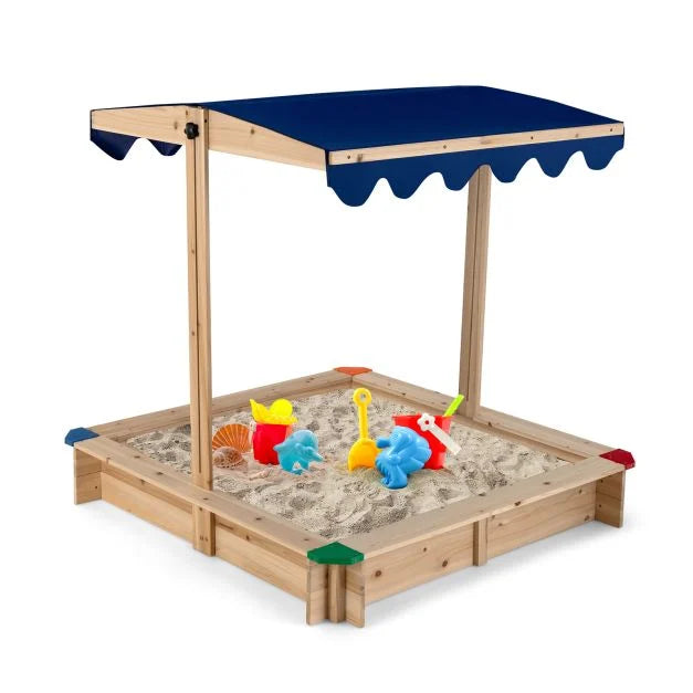 Wooden Sandbox for Kids with Adjustable Canopy and Corner Protection