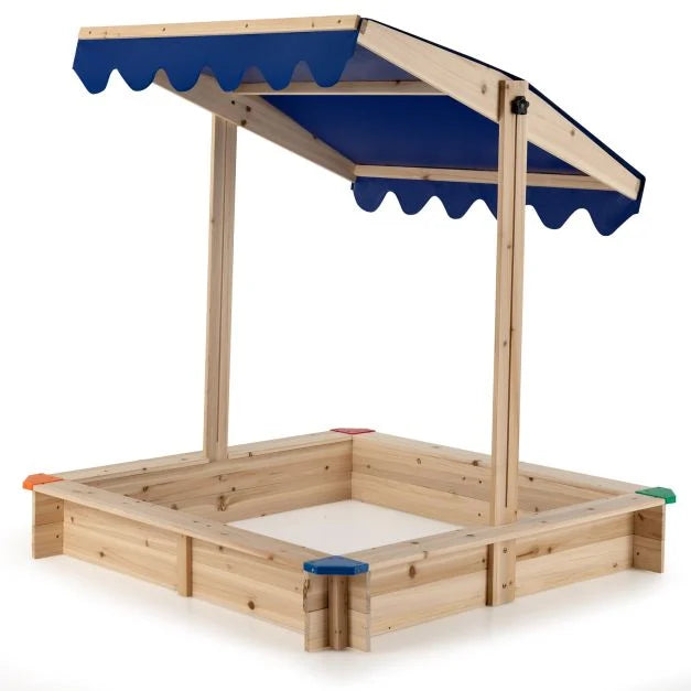 Wooden Sandbox for Kids with Adjustable Canopy and Corner Protection