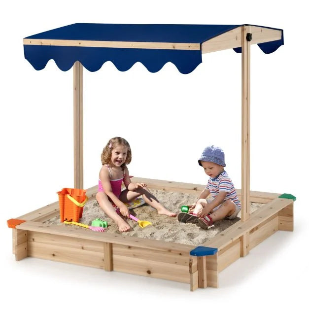 Wooden Sandbox for Kids with Adjustable Canopy and Corner Protection