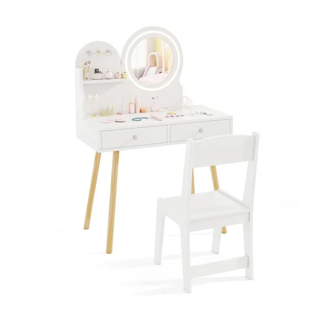 Lighted Kids Vanity Set with Hooks, Wooden Design & Storage Drawers