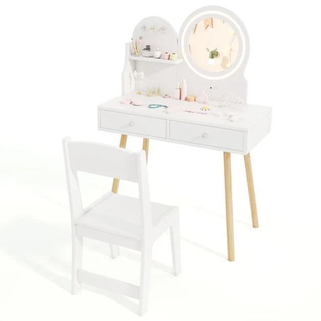 Lighted Kids Vanity Set with Hooks, Wooden Design & Storage Drawers