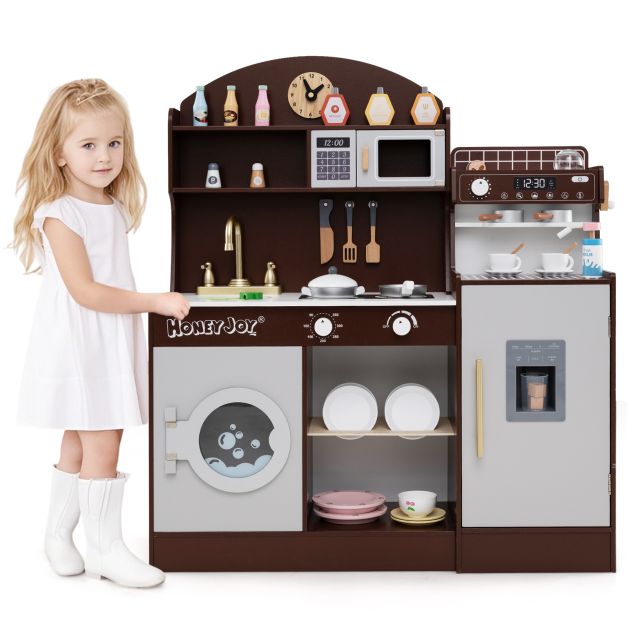 Corner Wooden Kitchen Playset with Microwave and Clock
