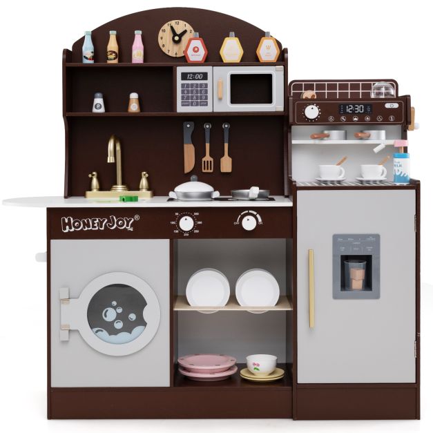 Corner Wooden Kitchen Playset with Microwave and Clock