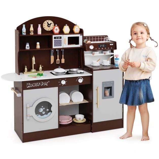 Corner Wooden Kitchen Playset with Microwave and Clock