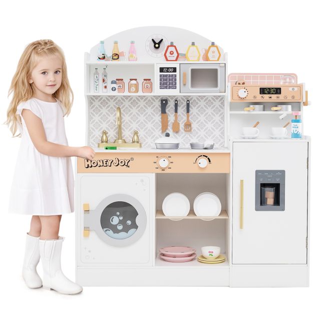 Corner Wooden Kitchen Playset with Microwave and Clock