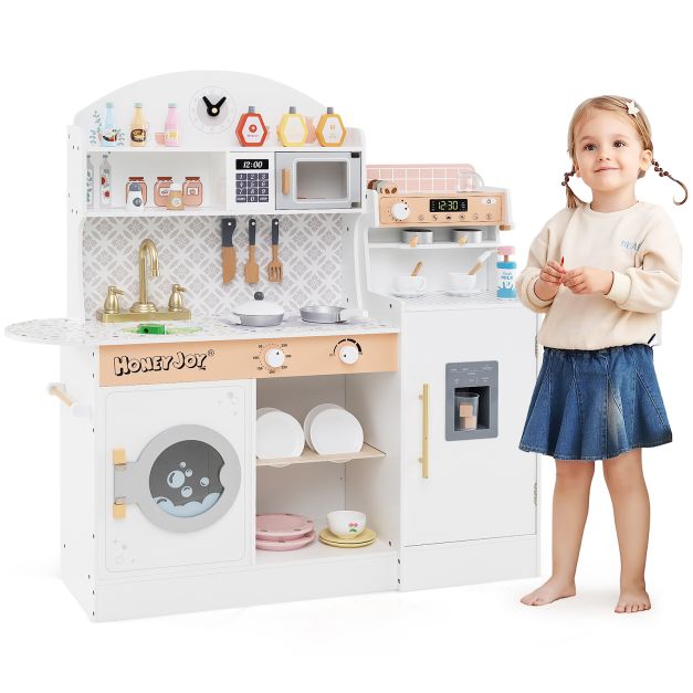 Corner Wooden Kitchen Playset with Microwave and Clock