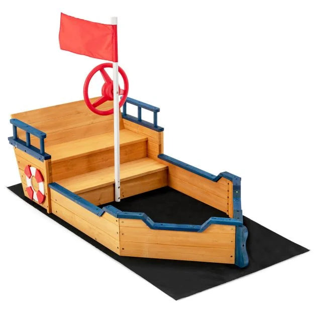 Wooden Pirate Sandboat Playset with Bench Seat and Flag