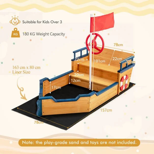 Wooden Pirate Sandboat Playset with Bench Seat and Flag
