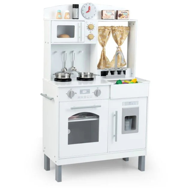 Kids Wooden Play Kitchen with 3 Adjustable Heights, Stoves & Ice Maker Set Toys