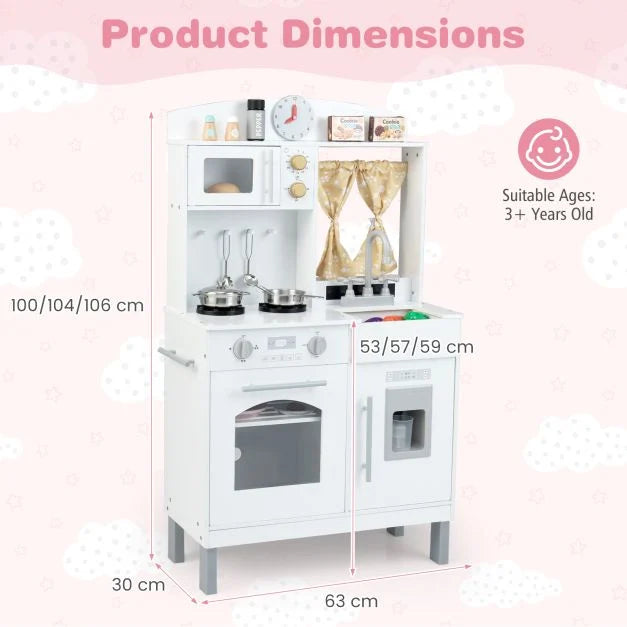 Kids Wooden Play Kitchen with 3 Adjustable Heights, Stoves & Ice Maker Set Toys