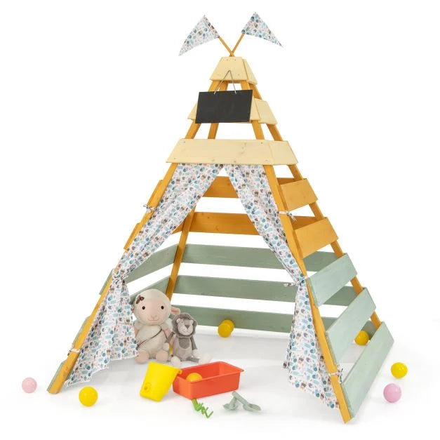 Wooden Playhouse Teepee Tent for Kids with Curtains 3-8 Years