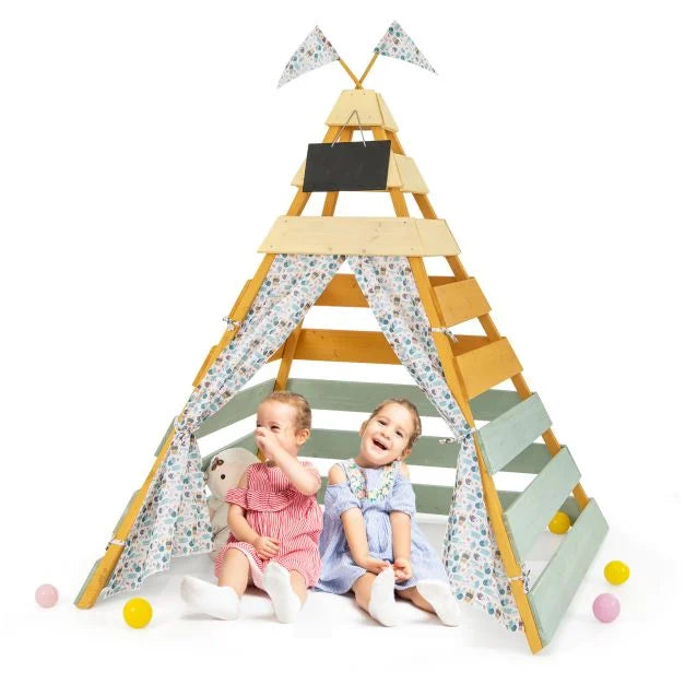 Wooden Playhouse Teepee Tent for Kids with Curtains 3-8 Years