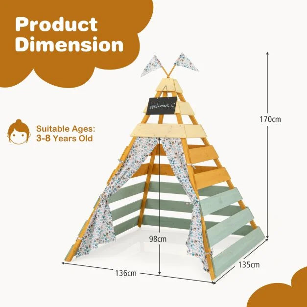 Wooden Playhouse Teepee Tent for Kids with Curtains 3-8 Years