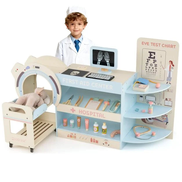 Wooden Medical Office Playset for Kids with CT Machine & Eye Chart