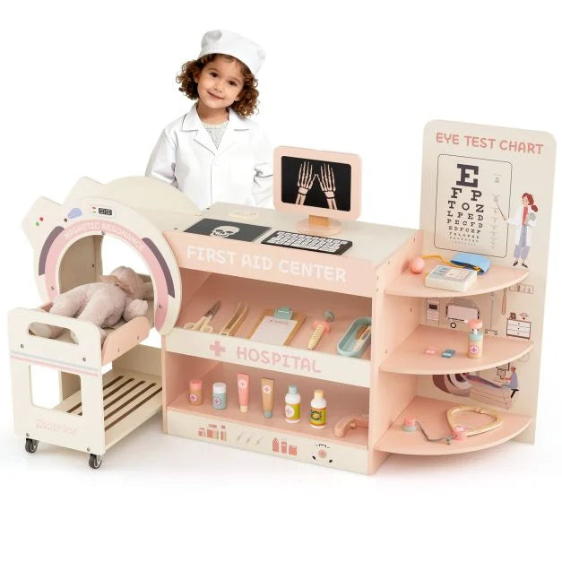Wooden Medical Office Playset for Kids with CT Machine & Eye Chart
