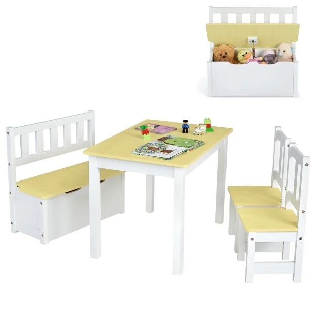 Wooden Toddler Activity Table Set 2-in-1 with Toy Storage Bench