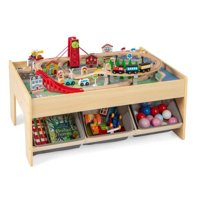 Kids Wooden Train Table with 2 Reversible Tabletops and 3 Fabric Drawers