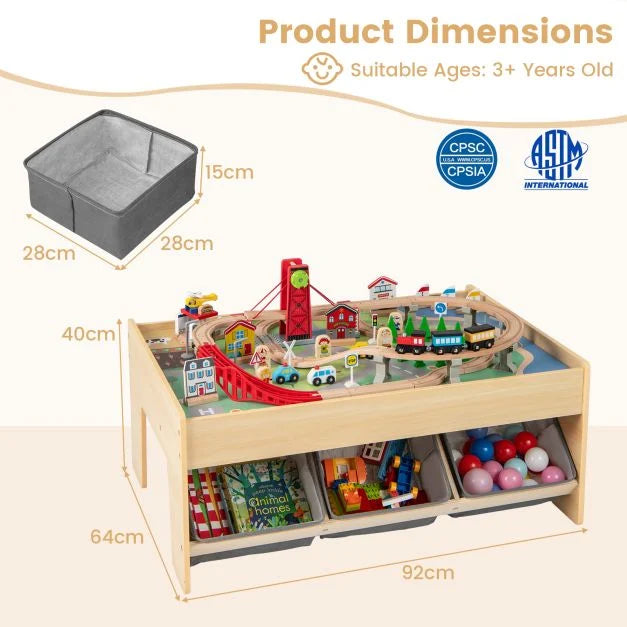 Kids Wooden Train Table with 2 Reversible Tabletops and 3 Fabric Drawers