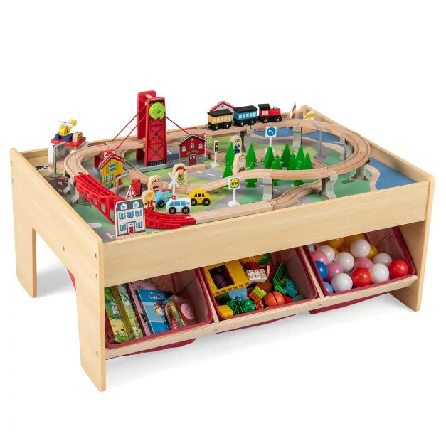 Kids Wooden Train Table with 2 Reversible Tabletops and 3 Fabric Drawers