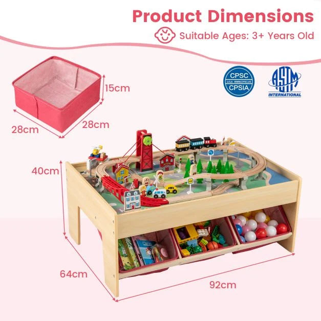 Kids Wooden Train Table with 2 Reversible Tabletops and 3 Fabric Drawers