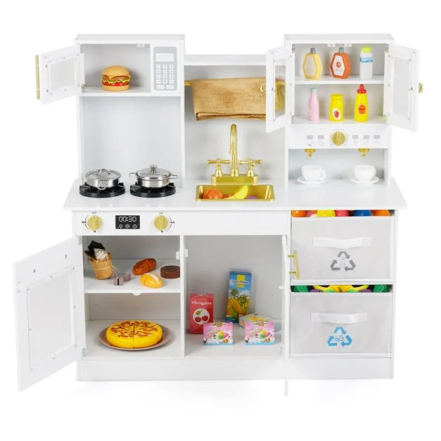 Wooden Kids Play Kitchen with Stove, Sounds & Sink for Pretend Play
