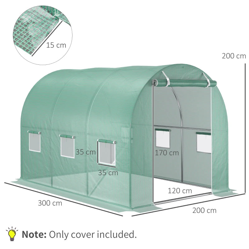 Greenhouse Cover Only 3x2x2m PE Tunnel Replacement with Roll-Up Door and Side Vents