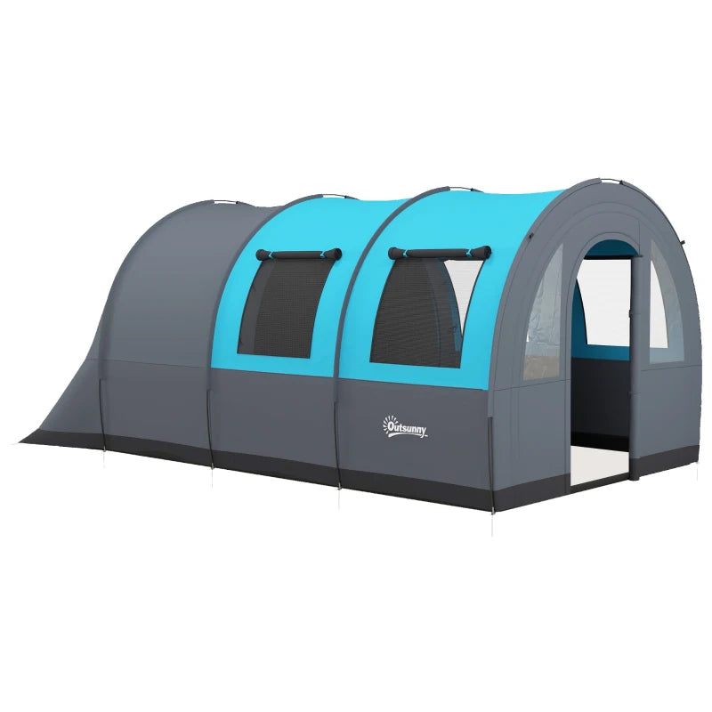 6-Person Camping Tent – Tunnel Style with Duo Rooms, Grey/Blue