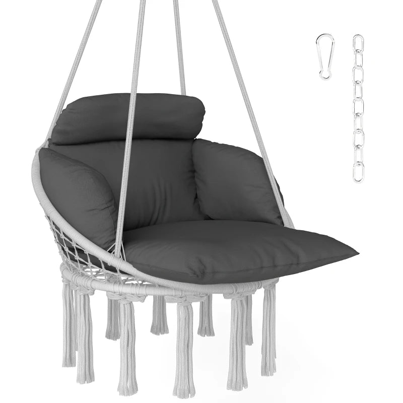 Dark Grey Hanging Hammock Chair with Soft Cushion Cotton Rope Swing for Garden Use
