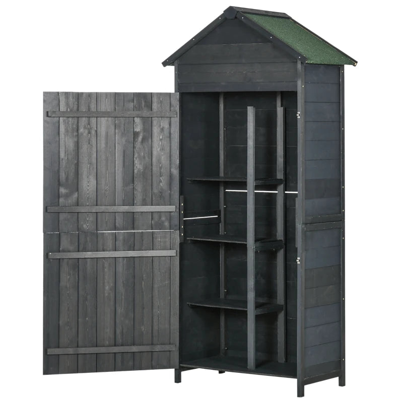 4-Tier Wooden Garden Shed with 3 Shelves & Lockable Double Doors Outdoor Storage, Grey