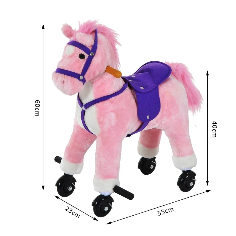 Pink Plush Rocking Horse Ride-On Toy with Wheels and Sound for Kids Ages 2 and Up